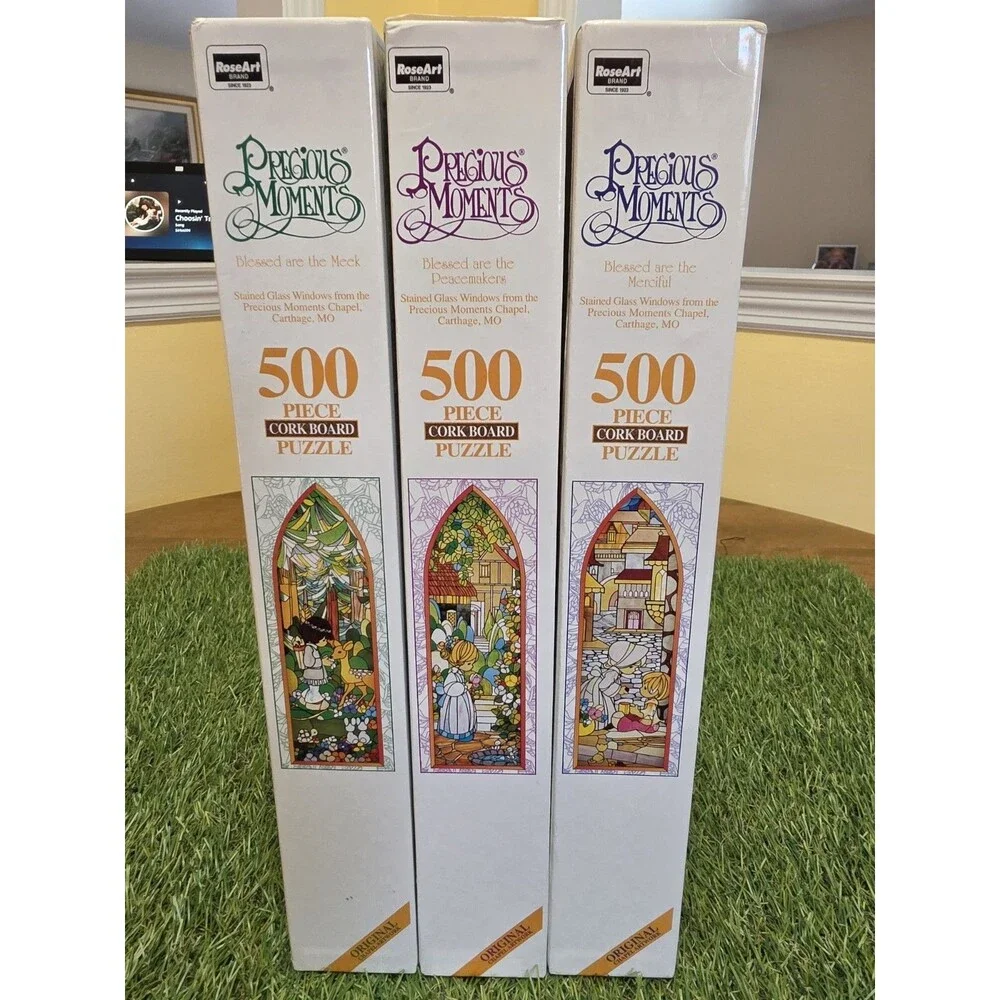 Lot Of 3 Vtg Precious Moments 500 Peace Puzzles Stained Glass New Sealed Chapel
